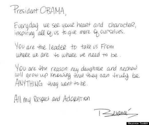 Beyonce writes Obama a letter 2012