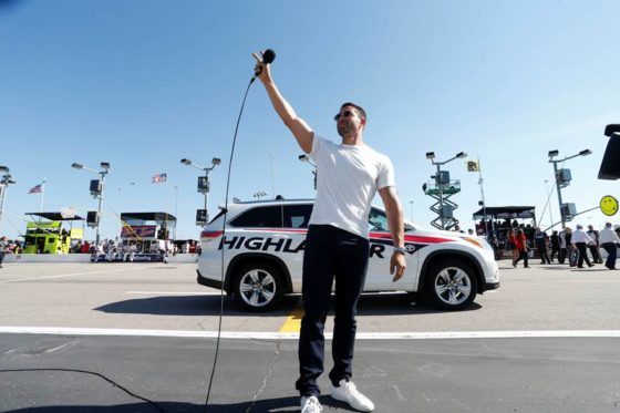 Jesse Metcalfe gives the famous “drivers, start your engines” command before the NASCAR Sprint Cup Series race at Kansas Speedway