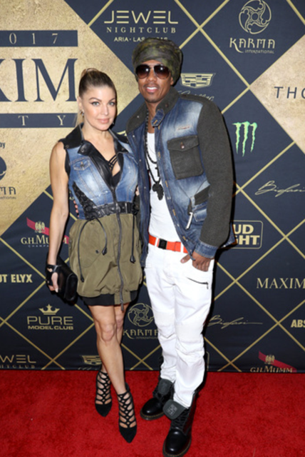 Nick Cannon and Fergie were close to twinning at The MAXIM Super Bowl Party 2017 presented by Thomas J. Henry produced by Karma International at the Smart Financial Centre Saturday night in Sugarland, Texas. 