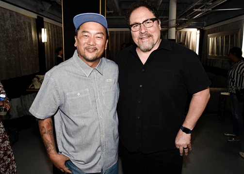 Chef Roy Choi and Jon Favreau catch up together back stage before the panel discussion, LA Times Food Bowl’s Chefs Fable at The Wiltern in Los Angeles 