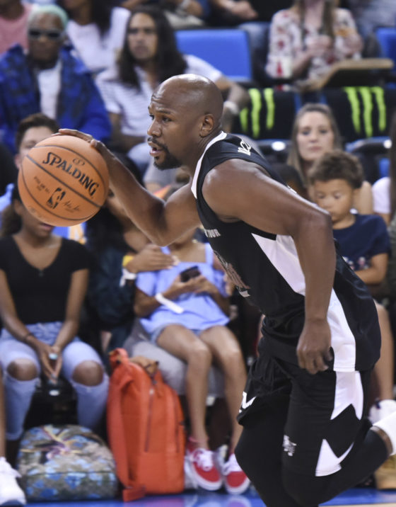 WESTWOOD, CA - JULY 17:  Floyd Mayweather plays basketball at Monster Energy Outbreak Presents $50K Charity Challenge Celebrity Basketball Game at UCLA's Pauley Pavilion on July 17, 2018 in Westwood, California. 