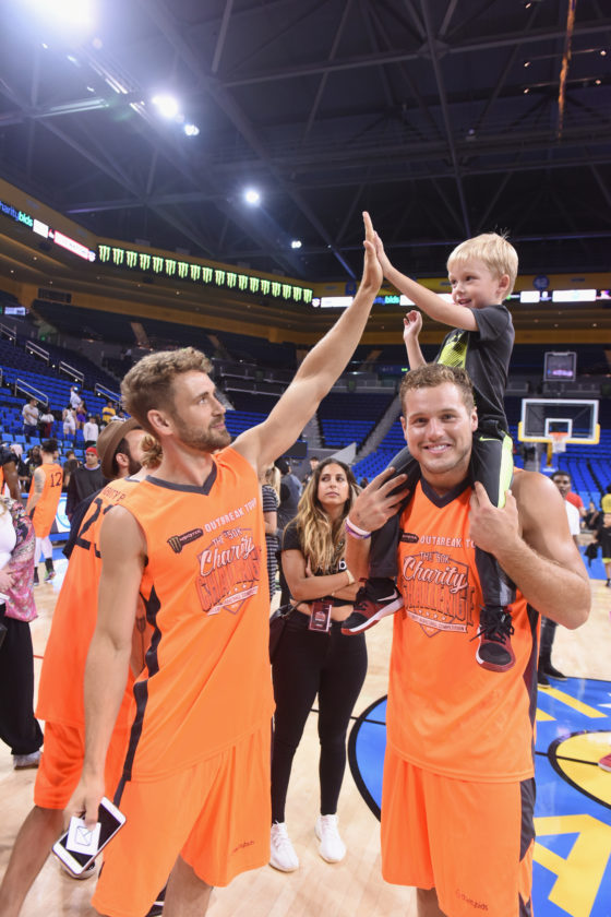 WESTWOOD, CA - JULY 17:  (L-R) Nick Viall, Buster Douglas, and Colton Underwood attend 50K Charity Challenge Celebrity Basketball Game at UCLA's Pauley Pavilion on July 17, 2018 in Westwood, California.  